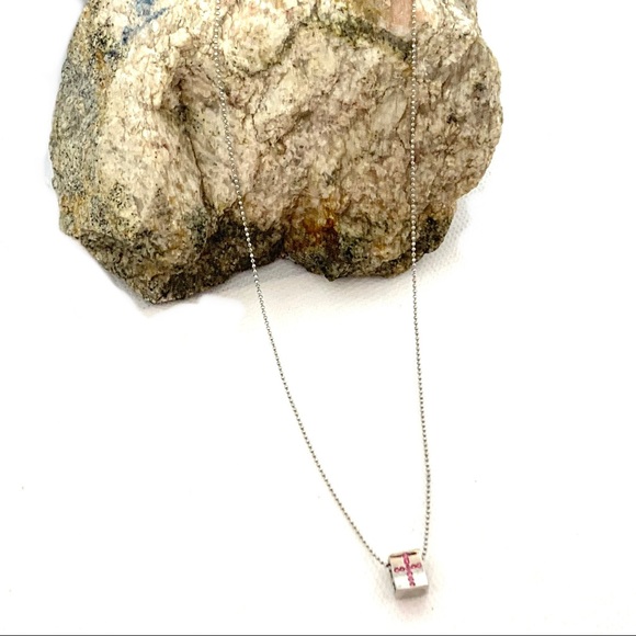 Silver Tone Ball Chain Pink Cross Slider Cube Pendant Necklace Very Sweet - Picture 2 of 7